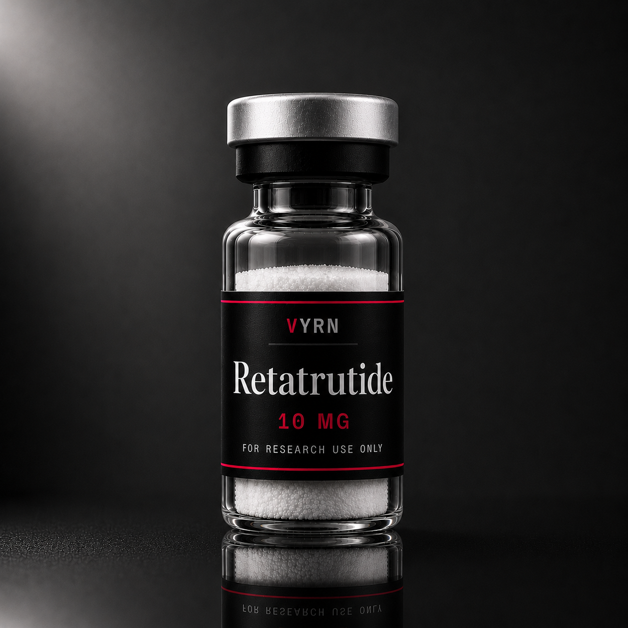 Frasco VYRN de Retatrutide 10mg liofilizado para uso em pesquisa laboratorial